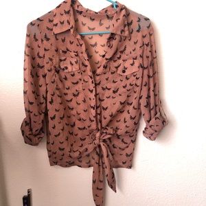 Boho butterfly button-up shirt w/ front tie